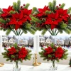 5Pcs 36cm Christmas Poinsettia Picks, Velvet Red Floral Stems with Pine Berries Pine Cones, Fake Xmas Flowers for Vase Table Decoration
