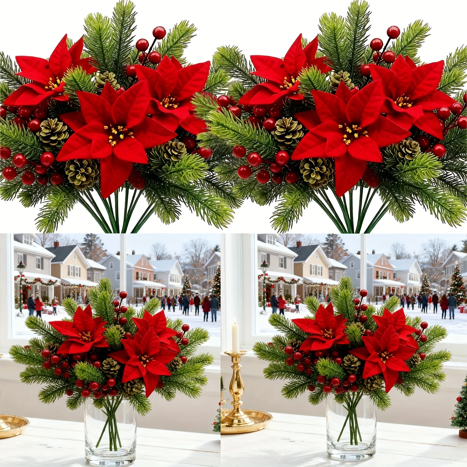 5Pcs 36cm Christmas Poinsettia Picks, Velvet Red Floral Stems with Pine Berries Pine Cones, Fake Xmas Flowers for Vase Table Decoration