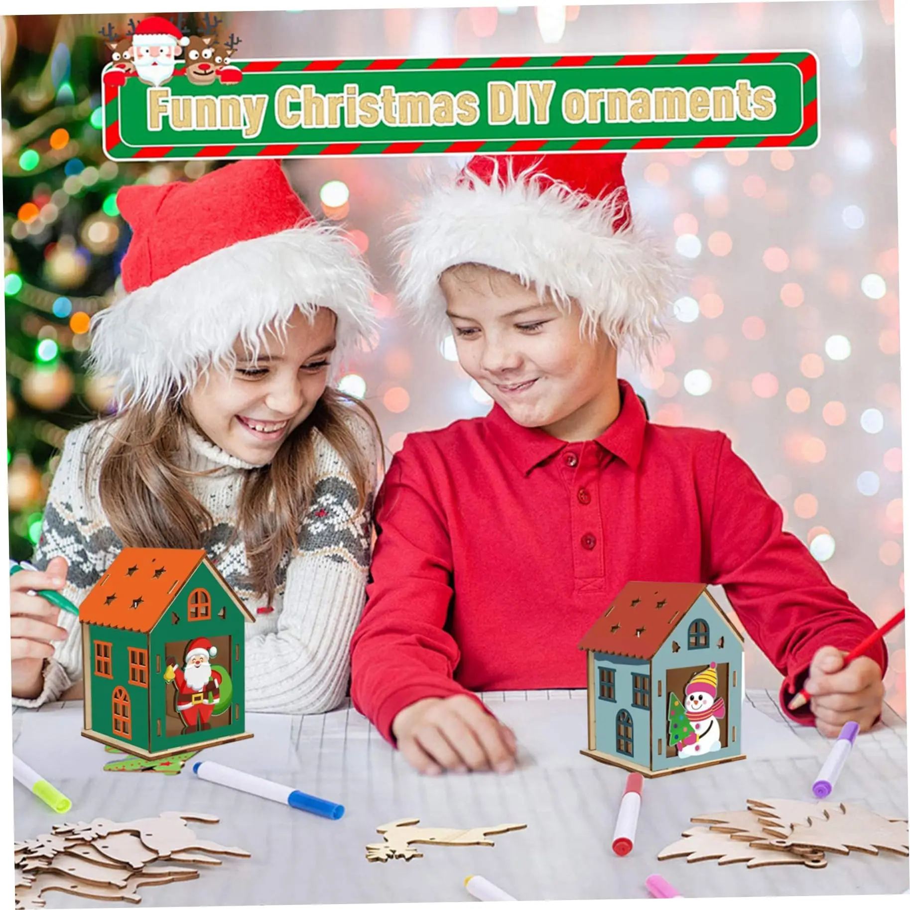 5Sets Wooden Christmas House Craft Kit DIY Paint & Build 3D Christmas House Kit for Kids Christmas Houses Xmas Party Decoration - Image 5