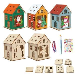 5Sets Wooden Christmas House Craft Kit DIY Paint & Build 3D Christmas House Kit for Kids Christmas Houses Xmas Party Decoration