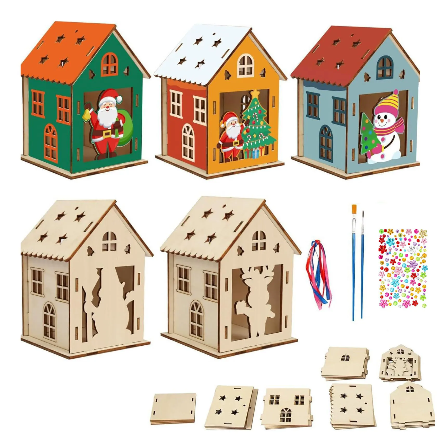 5Sets Wooden Christmas House Craft Kit DIY Paint & Build 3D Christmas House Kit for Kids Christmas Houses Xmas Party Decoration