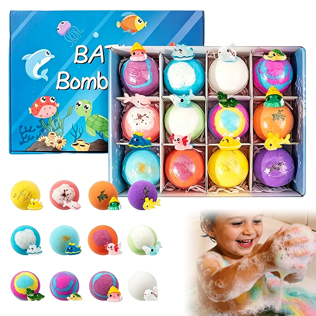 6-12PCS Kids Bath Bombs Natural Mega Bubbles Surprise Ocean Toys Gift Set Skin Friendly Bathing Kit for Boys and Girls