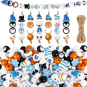 60PCS/100PCS Christmas Snowman Polar Bear Penguin Elk Series Christmas Themed Wooden Bead Set, Decorations, Holiday Party