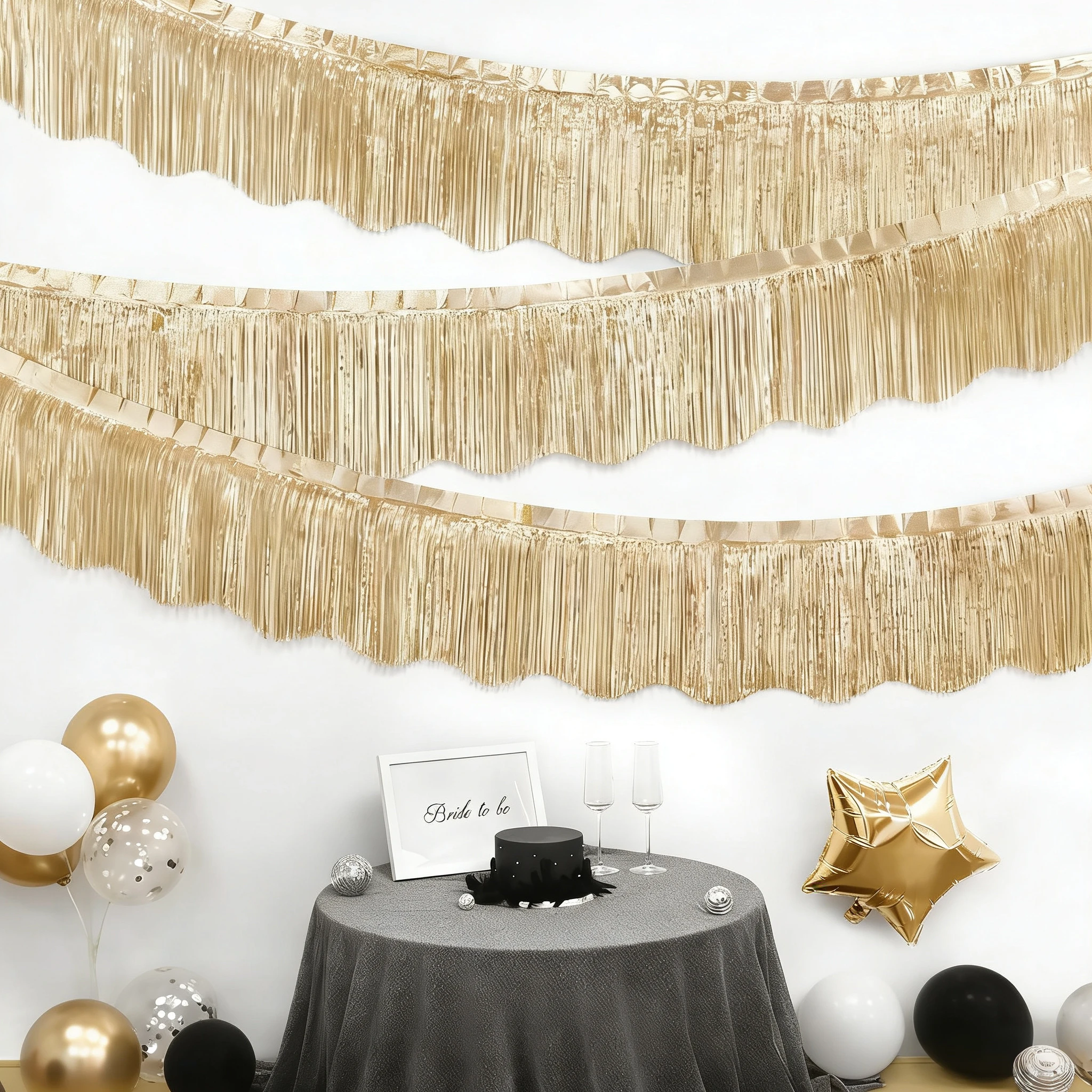 6Pcs Wavy Laser Champagne Golden Foil Fringe Garland Party Decorations, Tinsel Streamers Shiny Champagne Golden Wall Hanging - Image 3