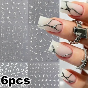 6pcs 3D Metallic Silver Nail Stickers Irregular Leopard/Star/Curve Line Design Nail Art Decals Y2K Abstract Line Manicure Decor