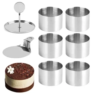 6pcs Cake Ring Molds Round/Heart Shape Stainless Steel Rice Ball Mousses Mold with Pusher & Pallet Kitchen Pastry Accessories