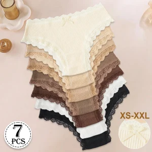 7PCS New Fashion Cotton Women's Underwear Solid Color Comfortable Breathable Panties Low-Rise Lace Trim Sexy Briefs Daily Sports