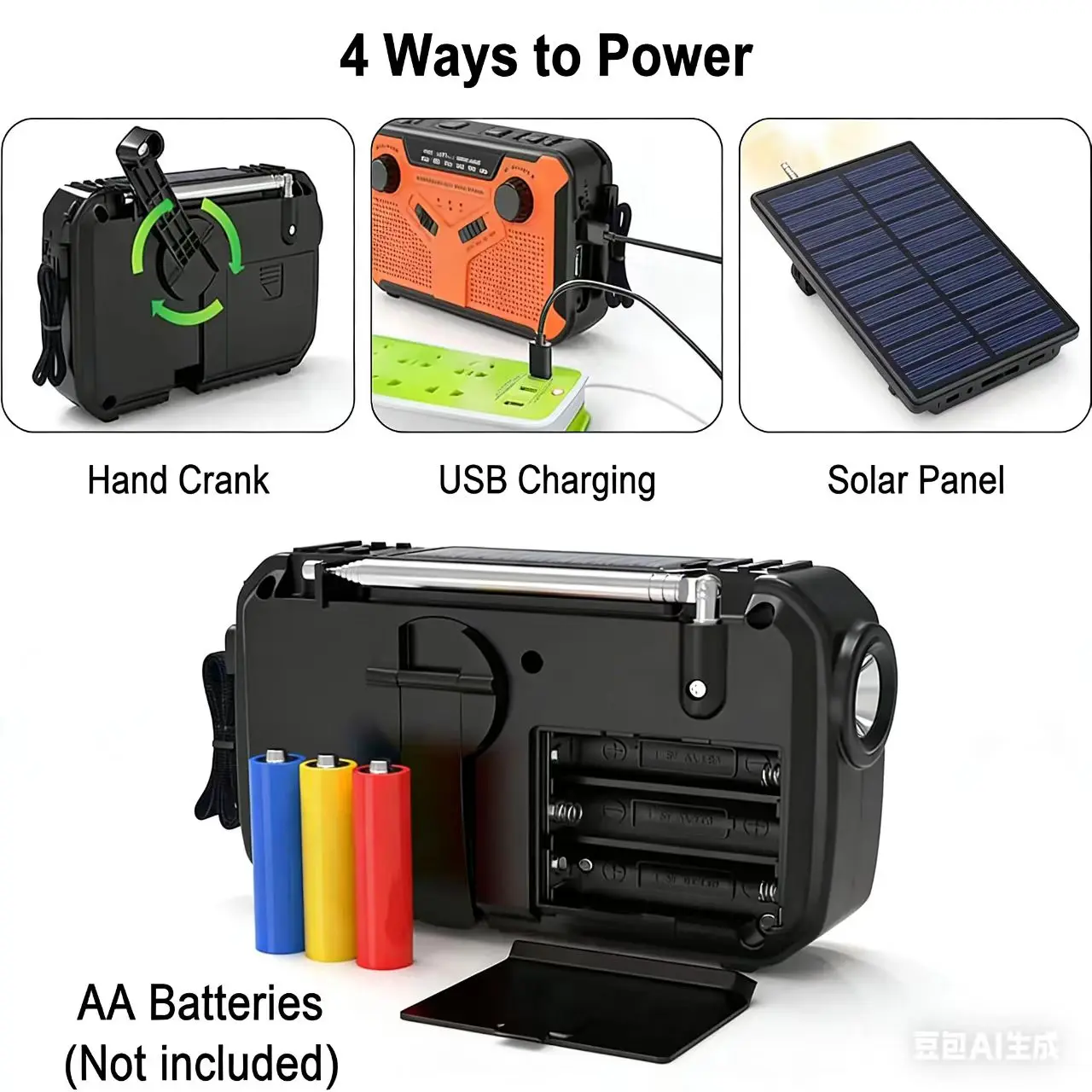 AM/FM Portable Solar Radio with Crank Dynamo Emergency Radio 4000 mAh Rechargeable Battery LED Torch SOS Alarm for Camping - Image 2