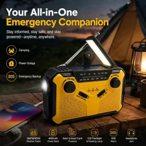 AM/FM Portable Solar Radio with Crank Dynamo Emergency Radio 4000 mAh Rechargeable Battery LED Torch SOS Alarm for Camping
