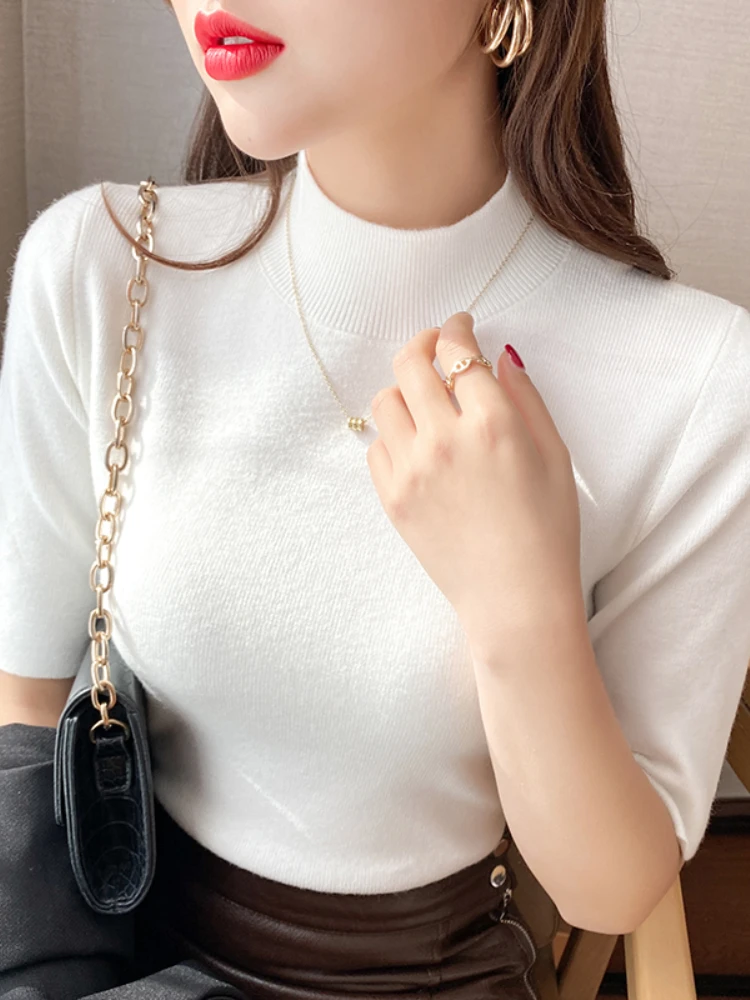 AOSSVIAO 2026 Turtleneck Basic Solid Thin Summer Pullover Women Female Knitted Sweater Slim Short Sleeve Bodycon Sweater - Image 2
