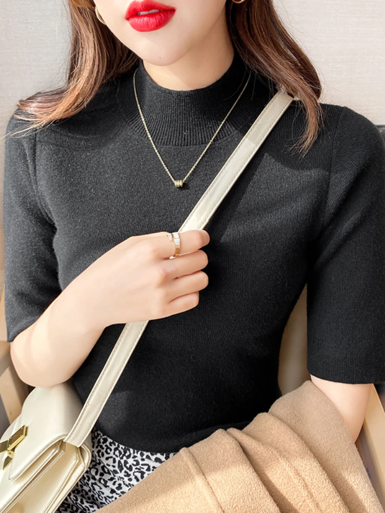 AOSSVIAO 2026 Turtleneck Basic Solid Thin Summer Pullover Women Female Knitted Sweater Slim Short Sleeve Bodycon Sweater - Image 3
