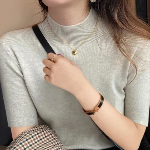 AOSSVIAO 2026 Turtleneck Basic Solid Thin Summer Pullover Women Female Knitted Sweater Slim Short Sleeve Bodycon Sweater