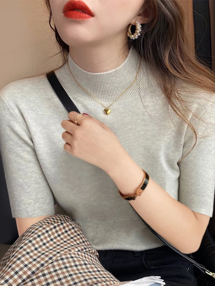 AOSSVIAO 2026 Turtleneck Basic Solid Thin Summer Pullover Women Female Knitted Sweater Slim Short Sleeve Bodycon Sweater