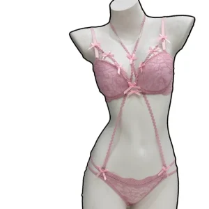 Aesthetic Purple Bow Necklace Bra Set Low Saturation Matching Tushy Bra Panty Push Up Bra & Adjustable Necklace For Women MOYISU