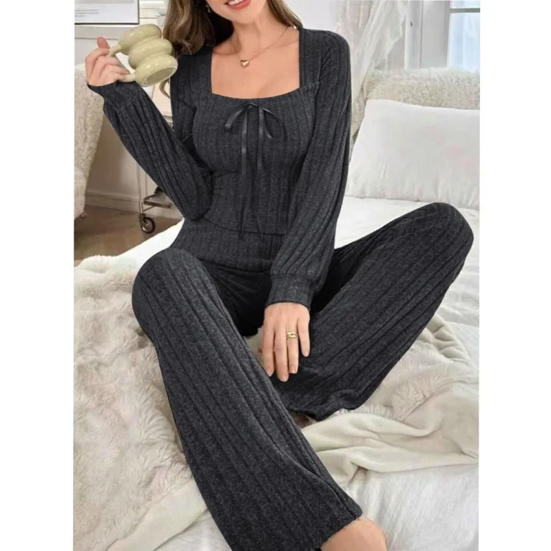 American-Style Women's Fall/Winter Long Pajama Set with U-Neck, Brushed Ribbed Fabric—comfortable Loungewear for Winter - Image 2