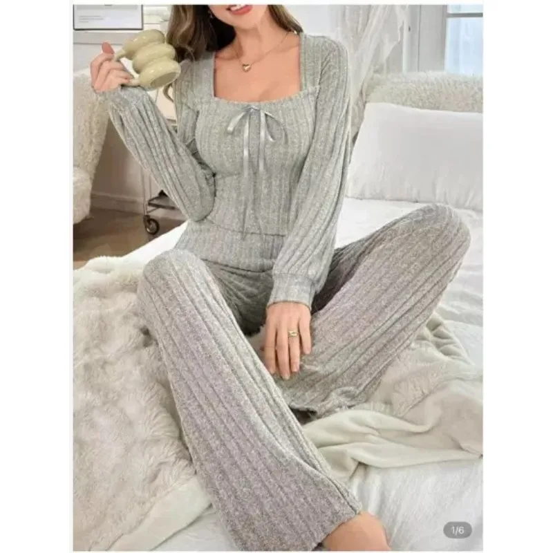 American-Style Women's Fall/Winter Long Pajama Set with U-Neck, Brushed Ribbed Fabric—comfortable Loungewear for Winter - Image 6