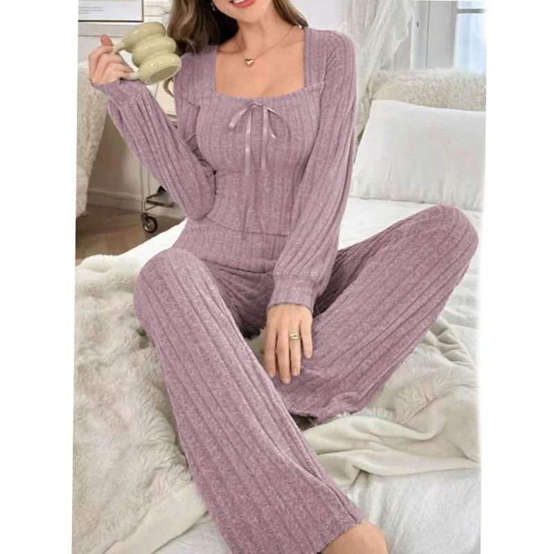 American-Style Women's Fall/Winter Long Pajama Set with U-Neck, Brushed Ribbed Fabric—comfortable Loungewear for Winter - Image 3