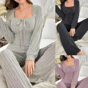 American-Style Women's Fall/Winter Long Pajama Set with U-Neck, Brushed Ribbed Fabric—comfortable Loungewear for Winter