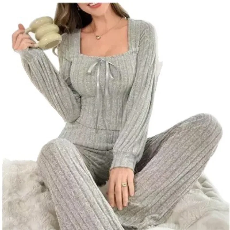 American-Style Women's Fall/Winter Long Pajama Set with U-Neck, Brushed Ribbed Fabric—comfortable Loungewear for Winter - Image 5