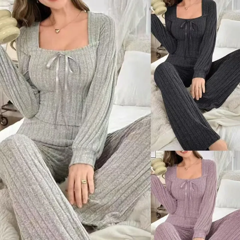 American-Style Women's Fall/Winter Long Pajama Set with U-Neck, Brushed Ribbed Fabric—comfortable Loungewear for Winter