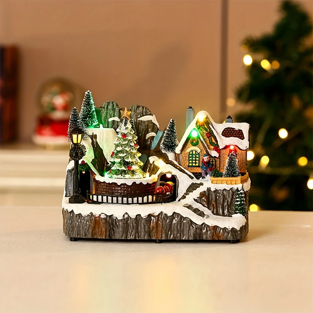 Animated Christmas Village Music Box with Rotating Train & Tree, Moving Skaters, 8 Christmas Songs 23.5cm