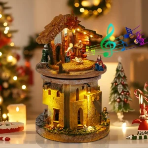 Animated Christmas Village Nativity Scene with Holy Family Rotating Manger Figurine Religious Songs And Lights Indoor Decoration