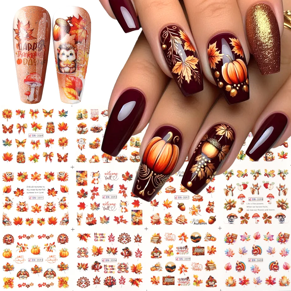 Autumn Maple Leaves Nail Art Stickers Sliders Hedgehog Squirrel Fall Leaf Turkey Nail Water Transfer Sticker Decal Decorations