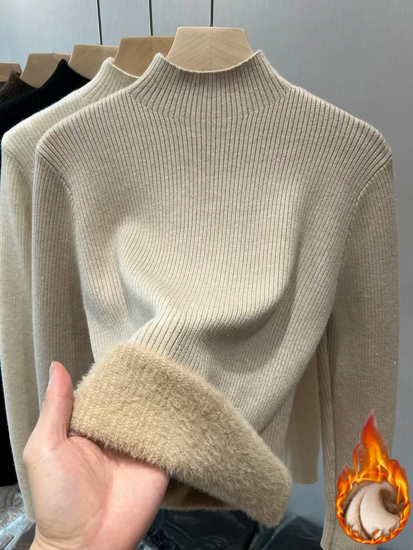 Autumn Winter Knitwear Jumper Turtleneck Sweater Women Elegant Thick Velvet Lined Warm Sueter Knitted Pullover Slim Tops Jersey - Image 2