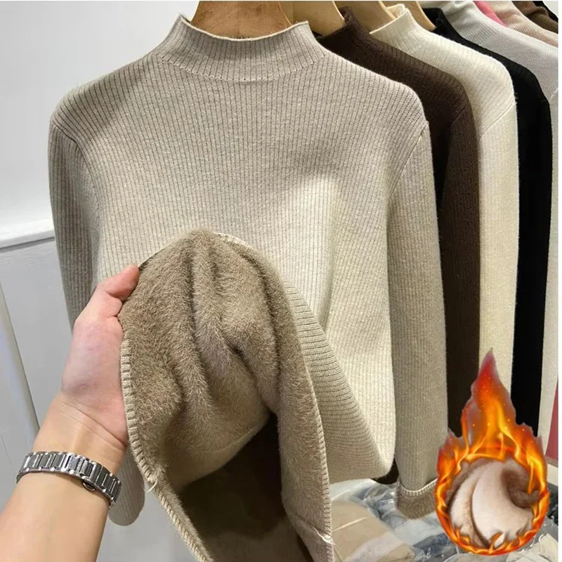 Autumn Winter Knitwear Jumper Turtleneck Sweater Women Elegant Thick Velvet Lined Warm Sueter Knitted Pullover Slim Tops Jersey - Image 4