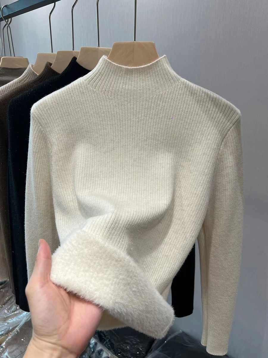 Autumn Winter Knitwear Jumper Turtleneck Sweater Women Elegant Thick Velvet Lined Warm Sueter Knitted Pullover Slim Tops Jersey - Image 3