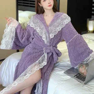 Autumn Winter Women Fleece Lace Robe Thickened Casual Homewear Girls Student Outdoors Wearable Loungewear Casual Sleepwear Lady