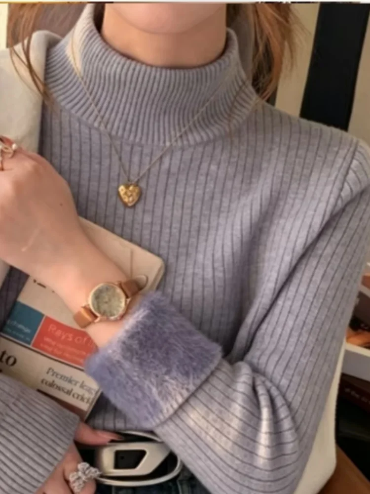 Autumn Winter Women Ruffles Mock Neck Sweater Thicken Fleece Warm Thermal Pullover Women Cashmere Sweater Velvet Basics Knit Top - Image 2