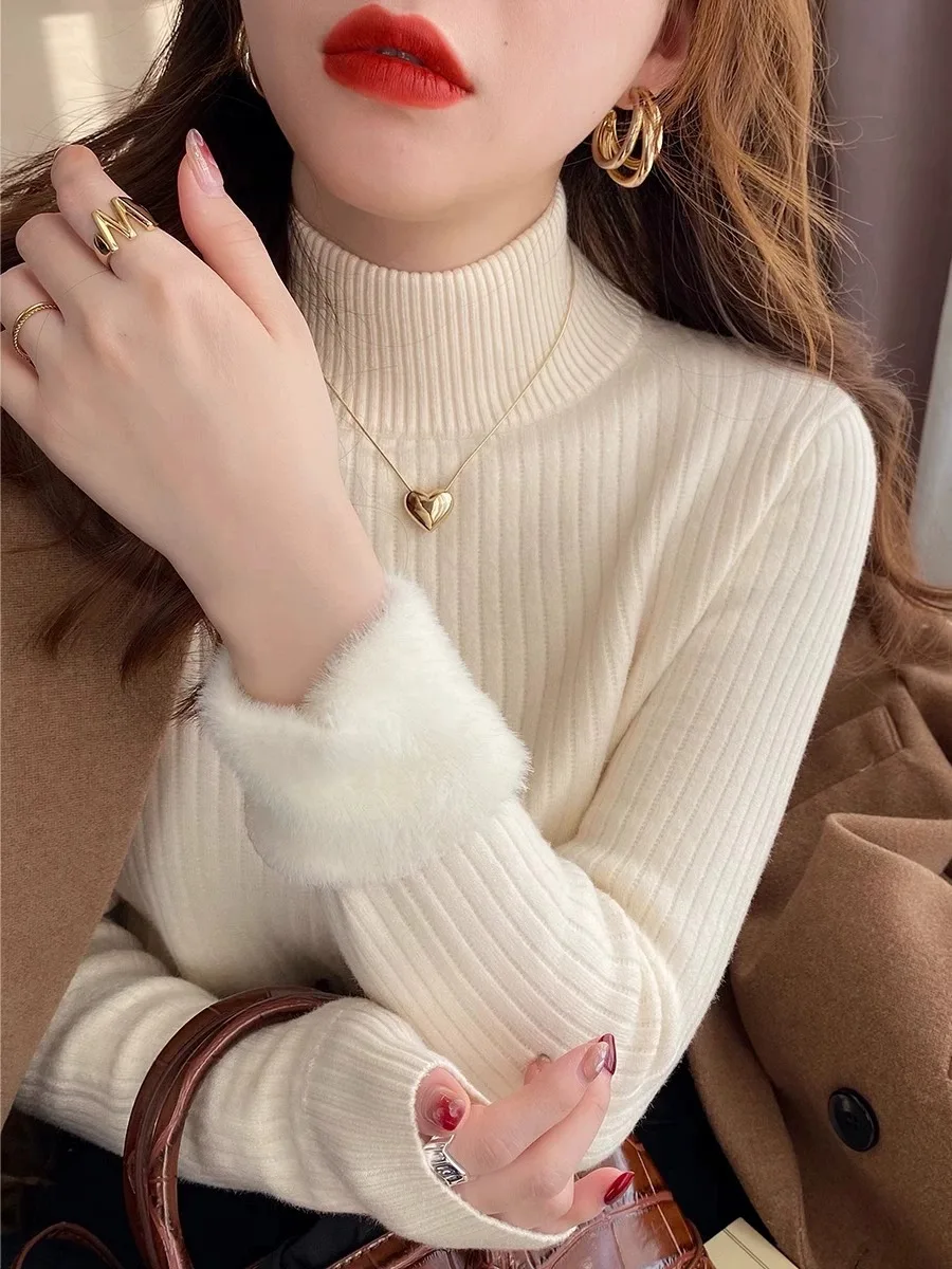 Autumn Winter Women Ruffles Mock Neck Sweater Thicken Fleece Warm Thermal Pullover Women Cashmere Sweater Velvet Basics Knit Top - Image 5
