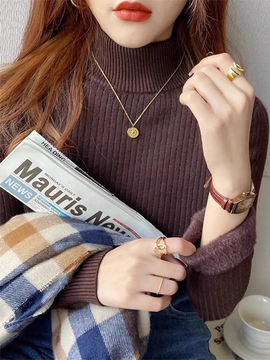 Autumn Winter Women Ruffles Mock Neck Sweater Thicken Fleece Warm Thermal Pullover Women Cashmere Sweater Velvet Basics Knit Top - Image 6