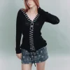 Autumn Winter Women's Vintage Streetwear Retro Striped Fake Zipper Detail Hooded V Neck Slim Fit Long Sleeve Light Knit Sweater