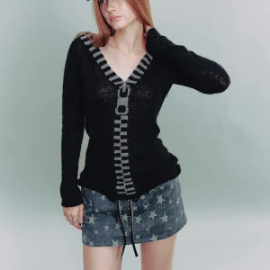 Autumn Winter Women's Vintage Streetwear Retro Striped Fake Zipper Detail Hooded V Neck Slim Fit Long Sleeve Light Knit Sweater
