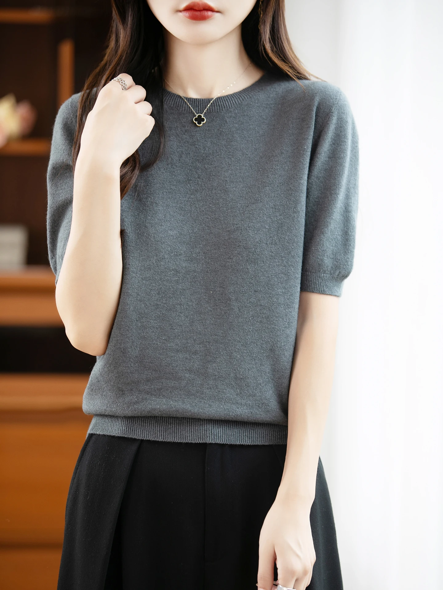 Autumn Women 100% Merino Wool Sweater O-Neck Cashmere Pullover Basic Fashion Short Sleeve Clothing Comfort Top Casual Solid - Image 2