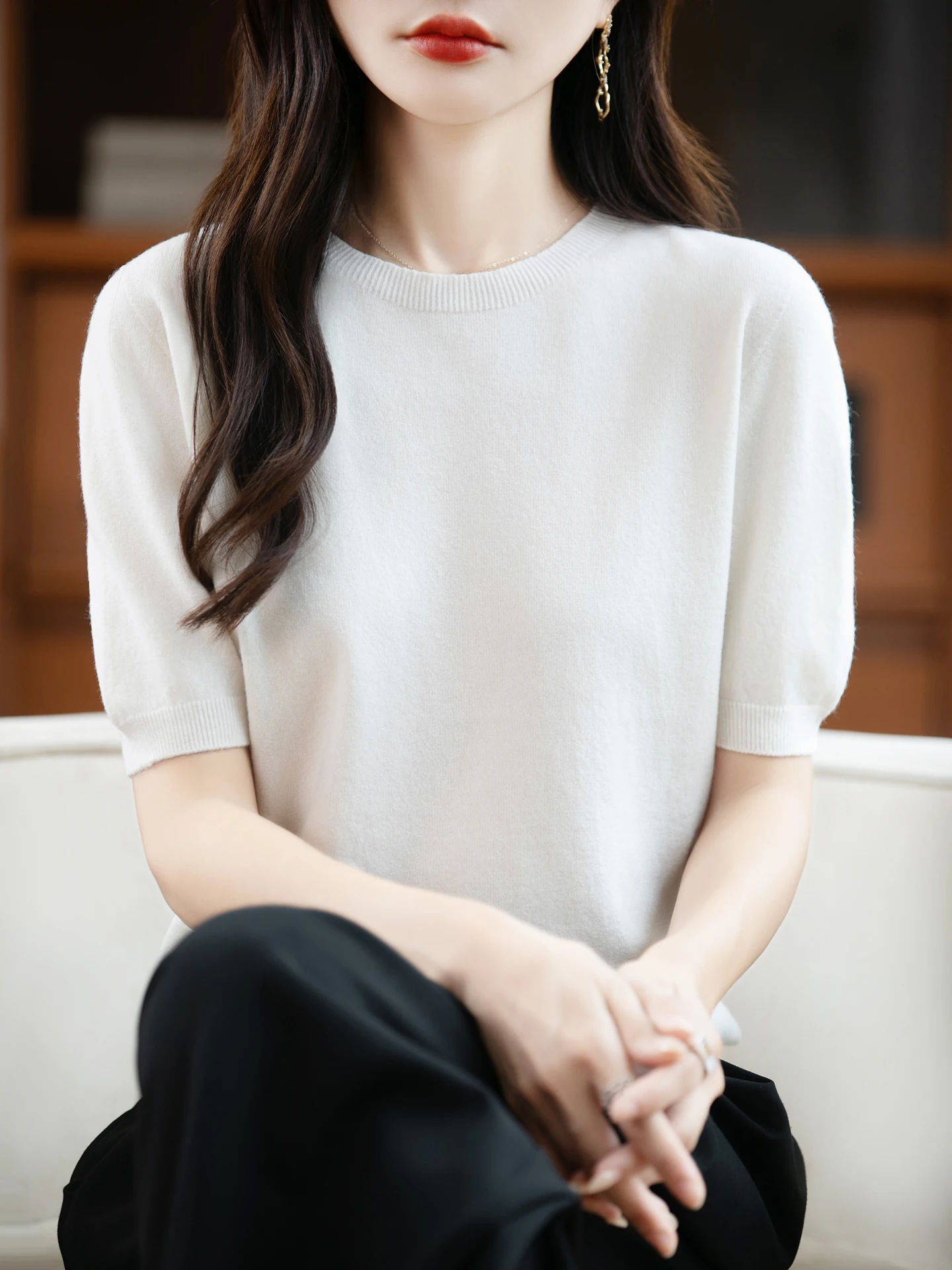 Autumn Women 100% Merino Wool Sweater O-Neck Cashmere Pullover Basic Fashion Short Sleeve Clothing Comfort Top Casual Solid - Image 3