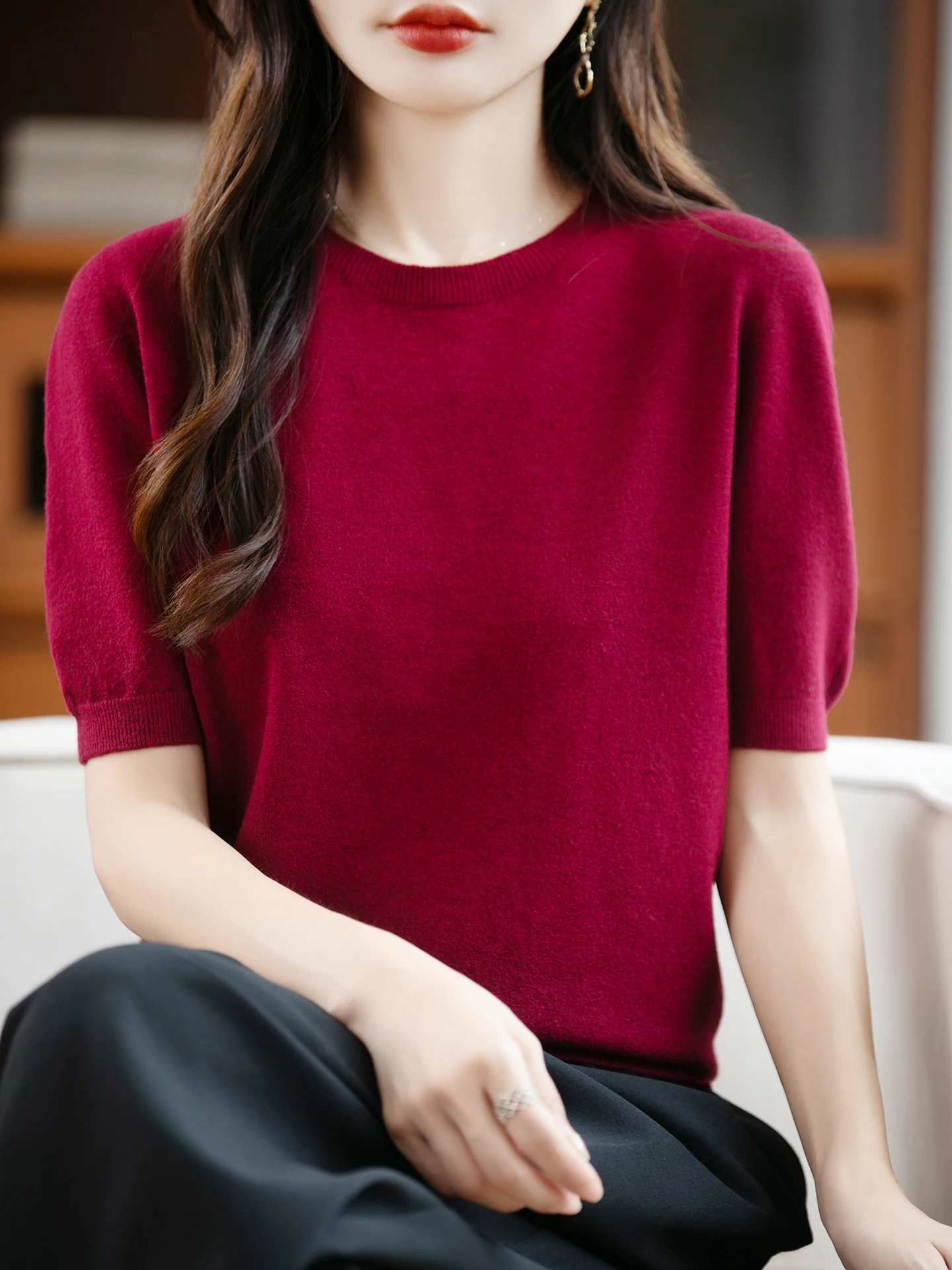 Autumn Women 100% Merino Wool Sweater O-Neck Cashmere Pullover Basic Fashion Short Sleeve Clothing Comfort Top Casual Solid - Image 4