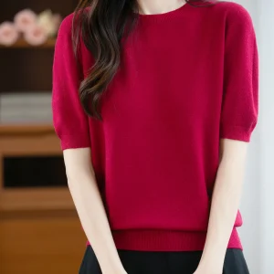 Autumn Women 100% Merino Wool Sweater O-Neck Cashmere Pullover Basic Fashion Short Sleeve Clothing Comfort Top Casual Solid