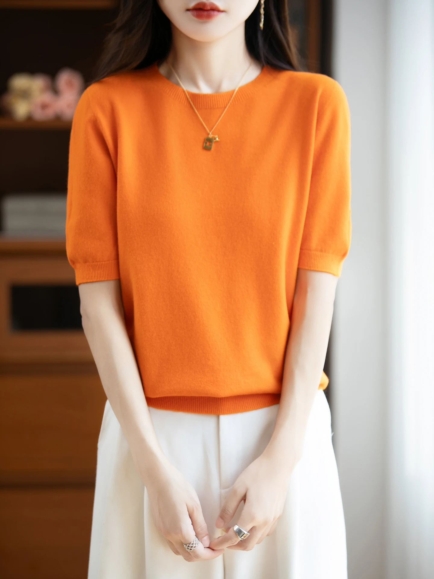 Autumn Women 100% Merino Wool Sweater O-Neck Cashmere Pullover Basic Fashion Short Sleeve Clothing Comfort Top Casual Solid - Image 5