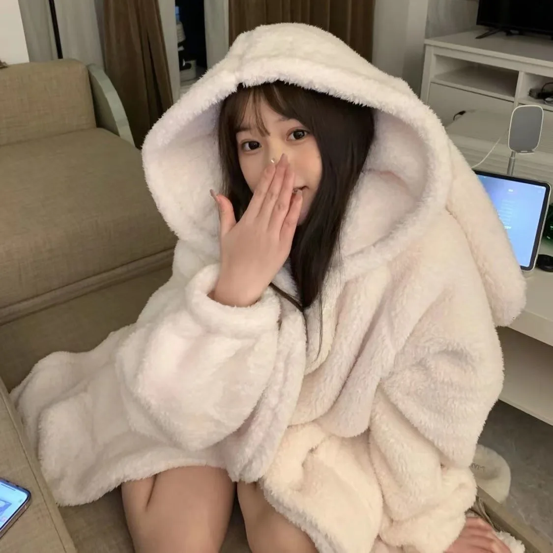 Autumn and Winter Ladies Warm Pajamas Homewear Rabbit Ears Ins Girls Student Pajamas Cartoon New Robe Bathrobe Homewear - Image 4