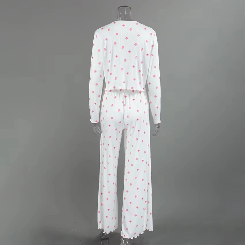 Autumn and Winter New Women's Pajama Set Knitted Printed Home Clothes Long Sleeves Long Pants Casual Comfortable Pajamas Hot Y2K - Image 6