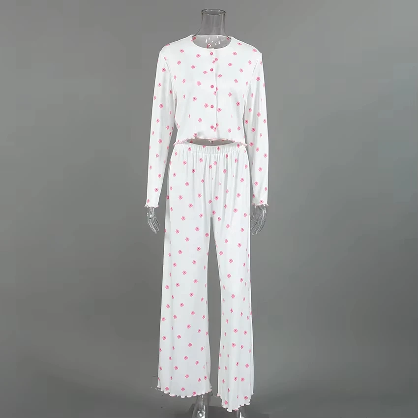 Autumn and Winter New Women's Pajama Set Knitted Printed Home Clothes Long Sleeves Long Pants Casual Comfortable Pajamas Hot Y2K - Image 5