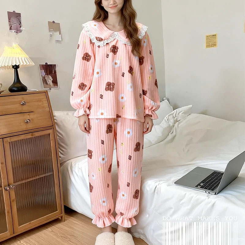 Autumn and Winter Thickened Warm Sleepwear Printed Peach Pyjamas Coral Velvet Cartoon Bear Cute Plus Size Nightwear Homewear - Image 2