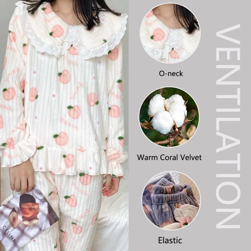Autumn and Winter Thickened Warm Sleepwear Printed Peach Pyjamas Coral Velvet Cartoon Bear Cute Plus Size Nightwear Homewear - Image 4