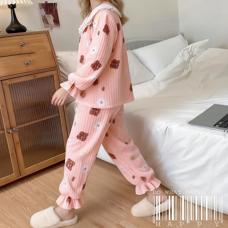 Autumn and Winter Thickened Warm Sleepwear Printed Peach Pyjamas Coral Velvet Cartoon Bear Cute Plus Size Nightwear Homewear - Image 3