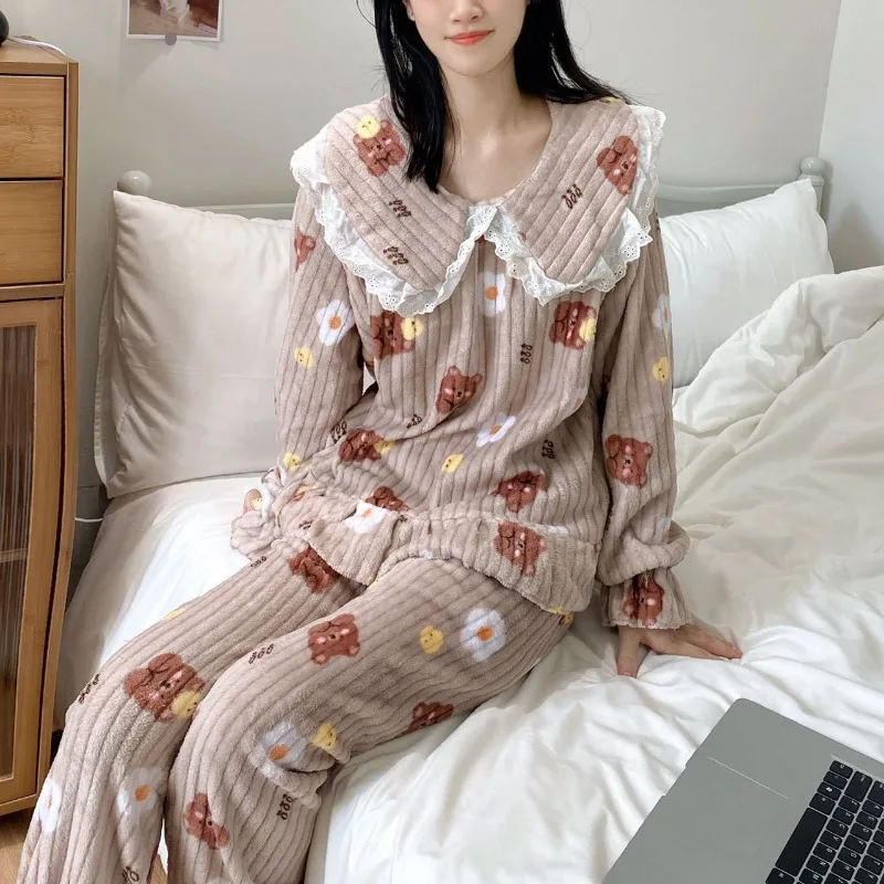 Autumn and Winter Thickened Warm Sleepwear Printed Peach Pyjamas Coral Velvet Cartoon Bear Cute Plus Size Nightwear Homewear - Image 5
