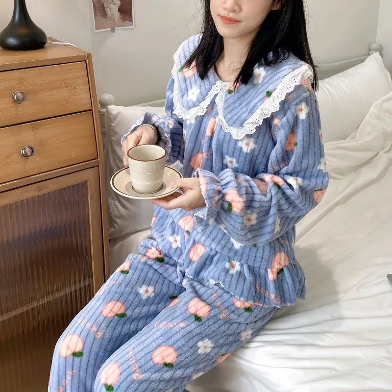 Autumn and Winter Thickened Warm Sleepwear Printed Peach Pyjamas Coral Velvet Cartoon Bear Cute Plus Size Nightwear Homewear - Image 6