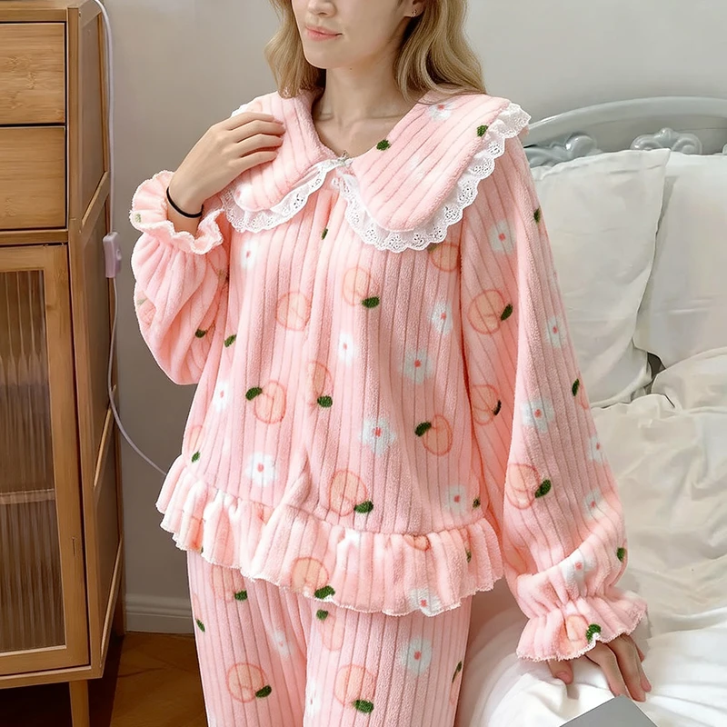 Autumn and Winter Thickened Warm Sleepwear Printed Peach Pyjamas Coral Velvet Cartoon Bear Cute Plus Size Nightwear Homewear
